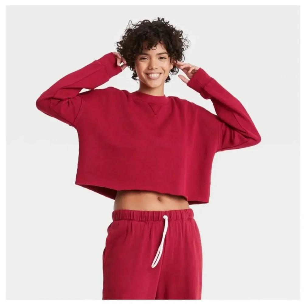 Colsie Fleece Lounge Red Sweatspants and Crop Sweatshirt XL